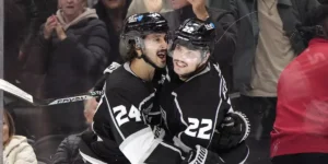 Los Angeles Kings left wing Kevin Fiala, right, celebrates his goal with center Phillip Danault during the second period of an NHL hockey game against the St. Louis Blues Saturday, Nov. 18, 2023, in Los Angeles. (AP Photo/Mark J. Terrill) (Mark J. Terrill / Associated Press)