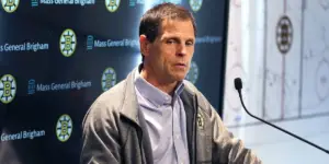Don Sweeney talking at a Boston Bruins press conference