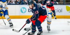 Johnny Gaudreau races down the ice towards the Buffalo Sabres goal.