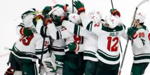 The Minnesota Wild celebrate an overtime victory.