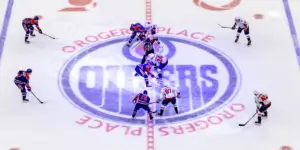 Edmonton Oilers taking a faceoff at center ice