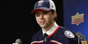 Adam Fantilli after being selected by the Columbus Blue Jackets in the 2023 Draft