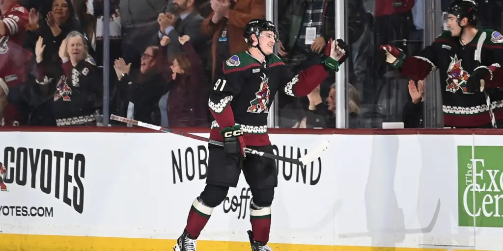 Josh Doan celebrates after scoring his first career NHL goal against the Columbus Blue Jackets