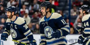 Blue Jackets Johnny Gaudreau, Boone Jenner, and Erik Gudbranson