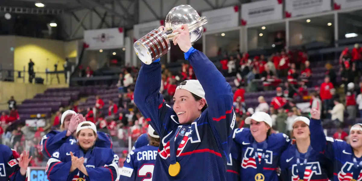 Team USA captain Hilary Knight celebrates at the World Championships in 2023