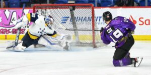 Admirals goaltender stretches out the left pad to rob Readings’ Cox.