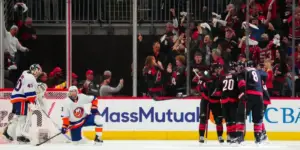 Hurricanes celebrate after scoring in game 2