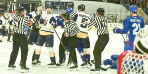 Scrum happens in front of the Admirals net after a whistle.