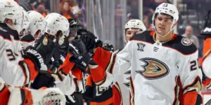 Anaheim Ducks Brett Leason celebrates a goal in game against Philadelphia Flyers