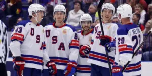Johnny Gaudreau Celebrates Matt Boldy's goal for team USA at the 2024 IIHF World Championship