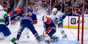 Calvin Pickard in net during Game 4 of Oilers vs. Canucls in the 2024 Stanley Cup Playoffs