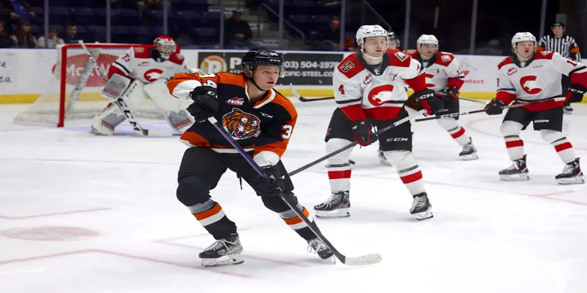 Medicine Hat Tigers forward Andrew Basha skates against the Prince George Cougars.