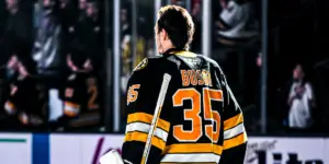 Brandon Bussi in net for the Providence Bruins