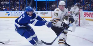 Charlie McAvoy skating for the Boston Bruins against the Tampa Bay Lightning