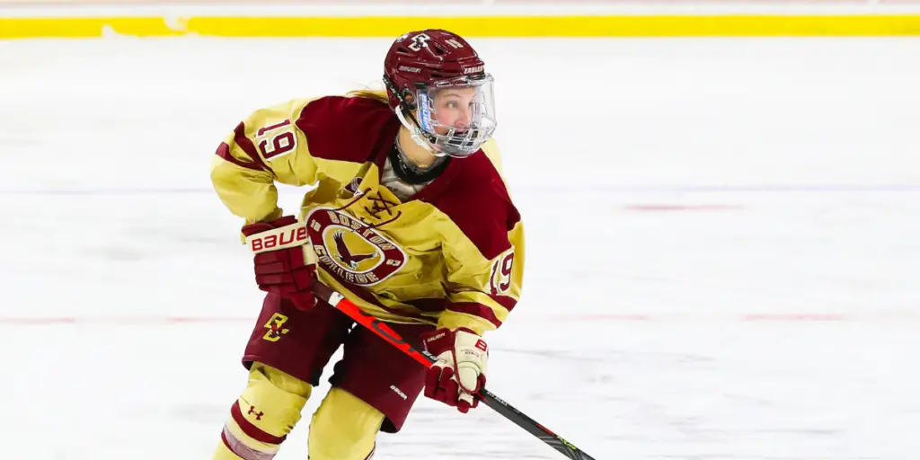 Hannah Bilka skating at a Boston College game