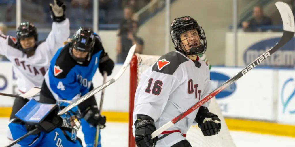 Katerina Marazova scoring a goal against PWHL Toronto.