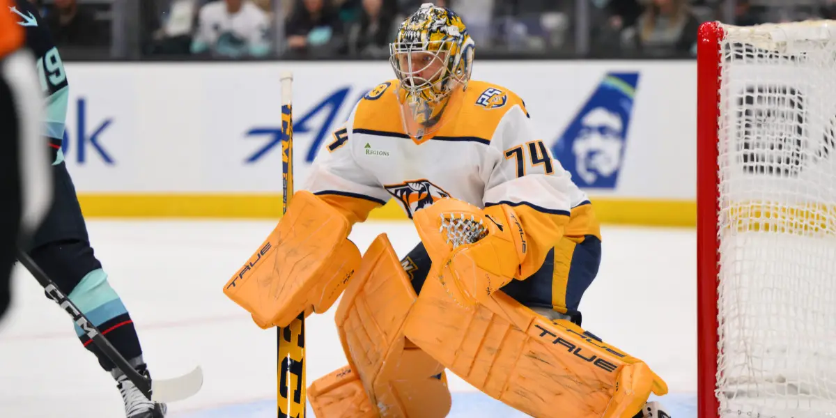 Nashville Predators goalie Juuse Saros faces off against the Seattle Kraken