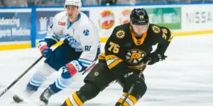 Alec Regula skating for the Providence Bruins