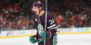 Ducks rookie defenseman Pavel Mintyukov celebrates after scoring his first career goal against the Hurricanes on Sunday.