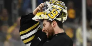 May 12, 2024; Boston, Massachusetts, USA; Boston Bruins goaltender Jeremy Swayman (1) slips on his mask during the second period in game four of the second round of the 2024 Stanley Cup Playoffs against the Florida Panthers at TD Garden. Mandatory Credit: Bob DeChiara-Imagn Images / Bob DeChiara-Imagn Images