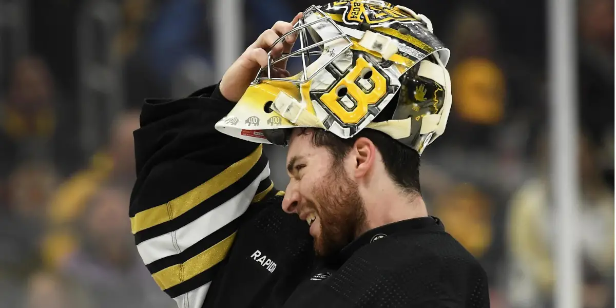 May 12, 2024; Boston, Massachusetts, USA; Boston Bruins goaltender Jeremy Swayman (1) slips on his mask during the second period in game four of the second round of the 2024 Stanley Cup Playoffs against the Florida Panthers at TD Garden. Mandatory Credit: Bob DeChiara-Imagn Images / Bob DeChiara-Imagn Images