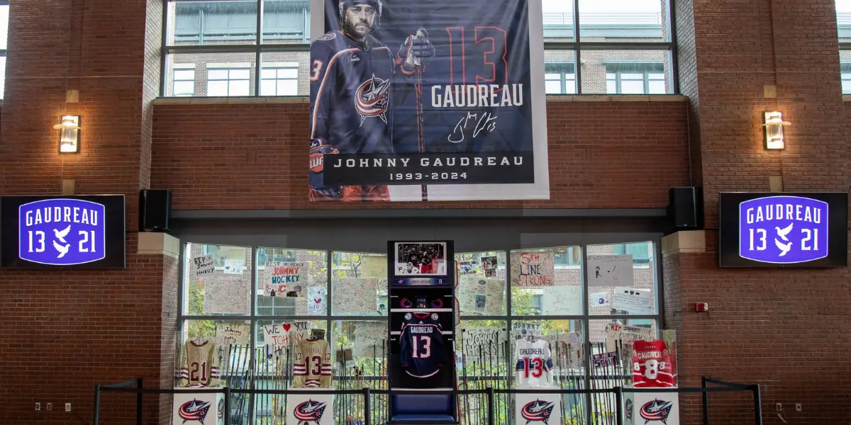 A memorial at Nationwide Arena for Johnny and Matthew Gadurea