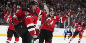 Stefan Noesen and Ondrej Palat celebrate a goal in the NHL Global Series in Prague, Czechia.