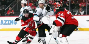 Seamus Casey and Jake Allen defend against the Utah Hockey Club.