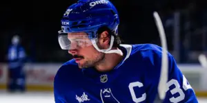 Auston Matthews #34 skating for the Toronto Maple Leafs