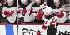 Jesper Bratt celebrates one of his three goals against the Florida Panthers.