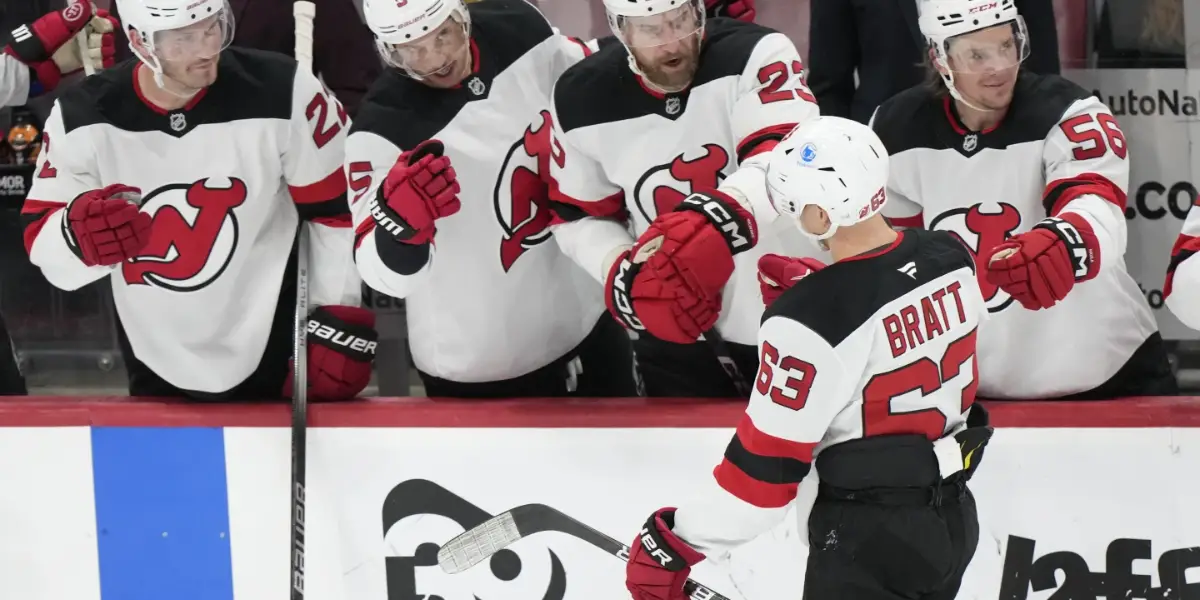 Jesper Bratt celebrates one of his three goals against the Florida Panthers.