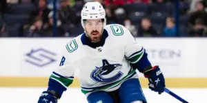 Conor Garland #8 skating for the Vancouver Canucks