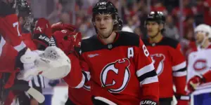 Jack Hughes celebrates a goal against the Montreal Canadiens