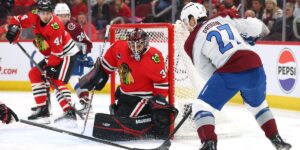 Petr Mrazek skating with the Chicago Blackhawks