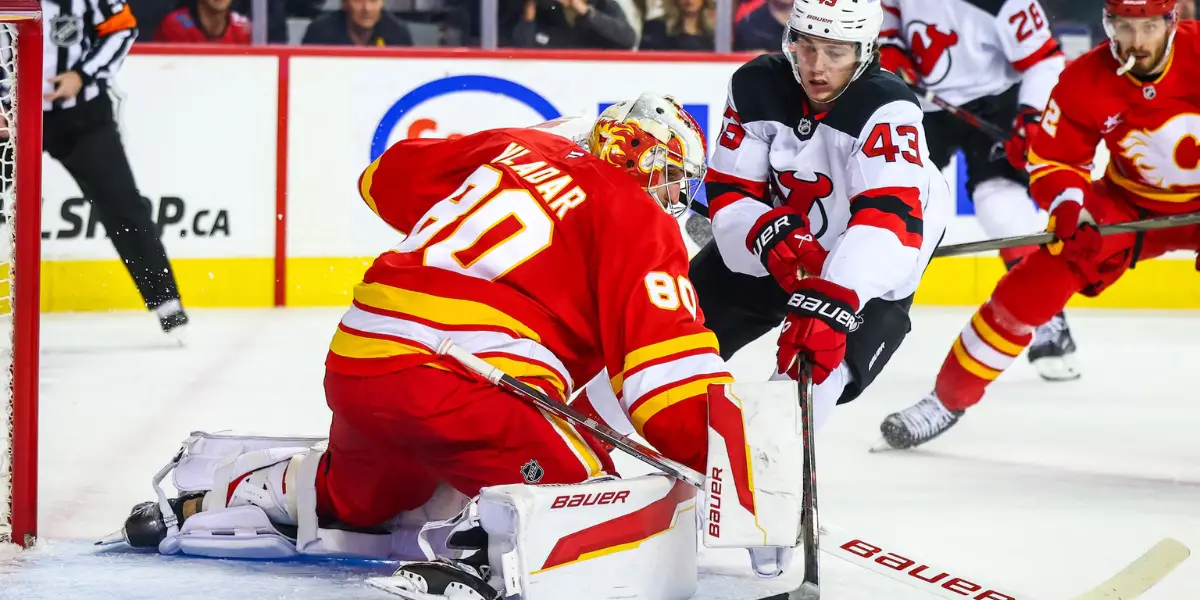 Dan Vladar makes a save against Luke Hughes.