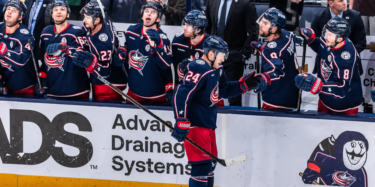 Mathieu Olivier celebrating a goal with the Blue Jackets