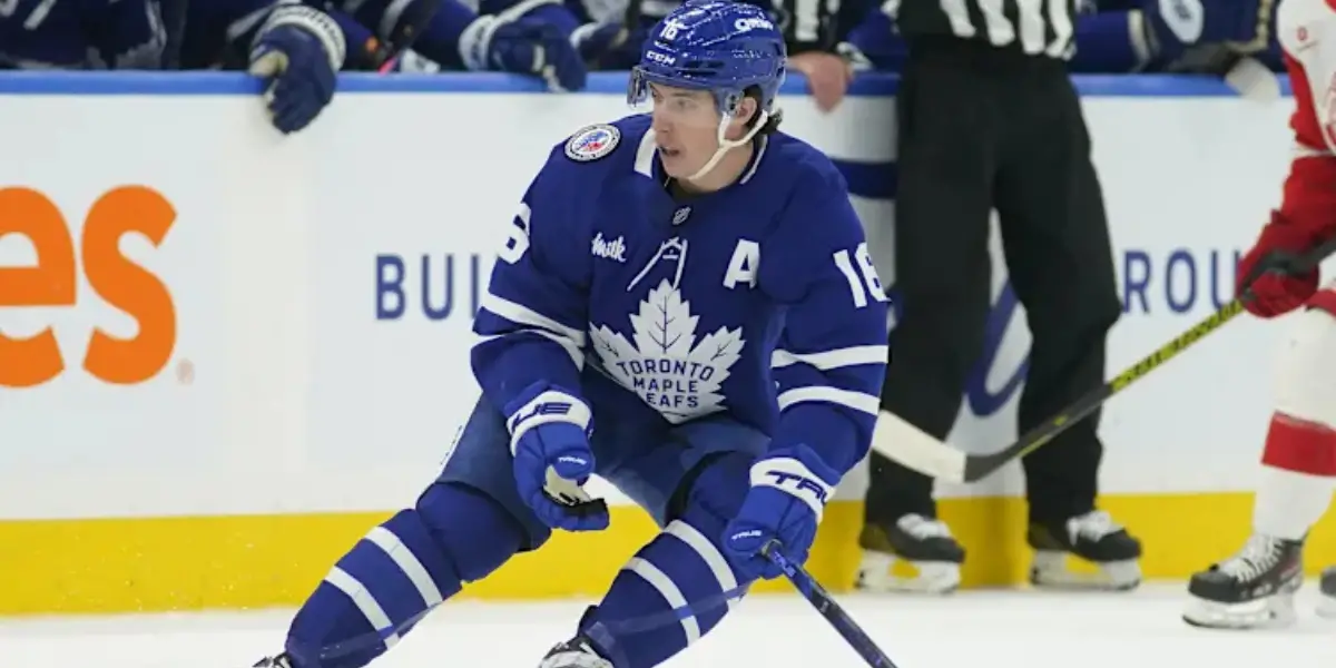 Mitch Marner 'A' #16 skating for the Toronto Maple Leafs