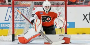 Ivan Fedotov #82 in net for the Philadelphia Flyers