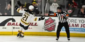 Matt Poitras celebrating a goal for the Providence Bruins