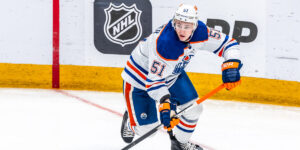 Troy Stecher skating for the Edmonton Oilers