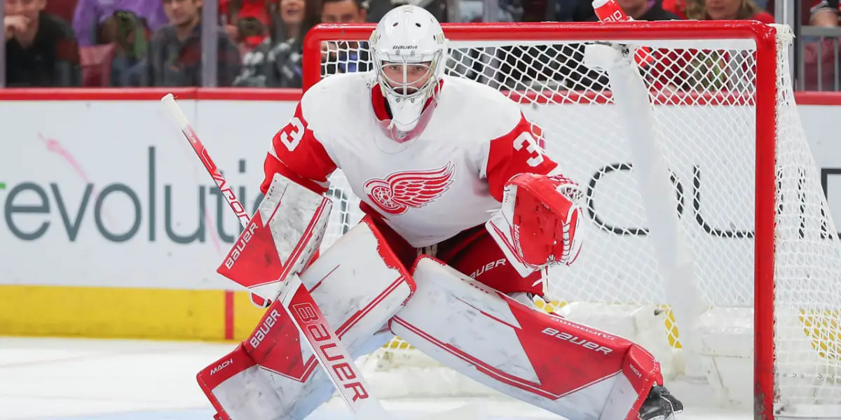 Sebastian Cossa #33 skating for the Detroit Red Wings