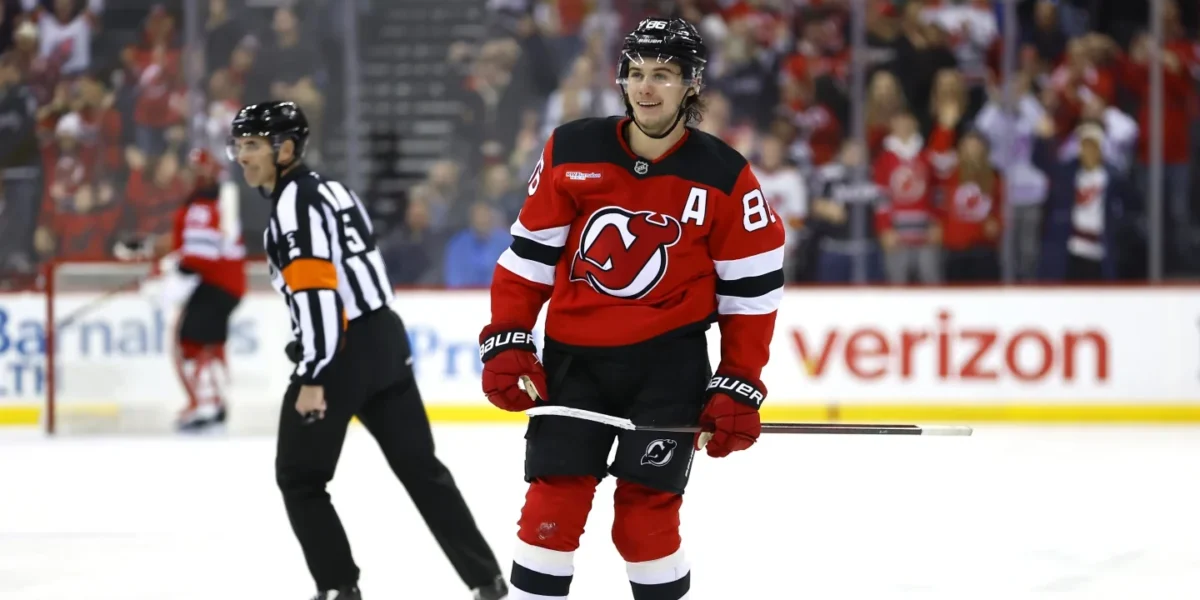 Jack Hughes skating for the New Jersey Devils