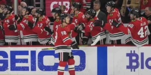 Connor Bedard celebrating a goal for the Chicago Blackhawks