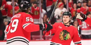 Chicago Blackhawks Connor Bedard and Tyler Bertuzzi celebrating a goal