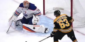 Brad Marchand shooting on Stuart Skinner of the Edmonton Oilers