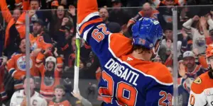 Leon Draisaitl celebrating a goal for the Edmonton Oilers