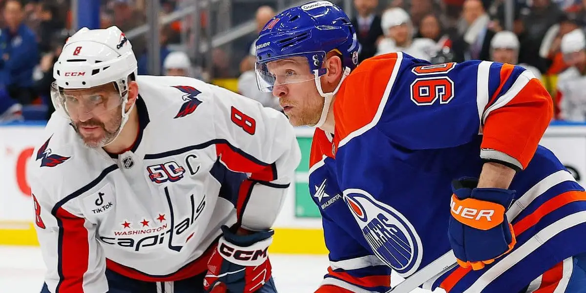 Alex Ovechkin and Corey Perry at a faceoff