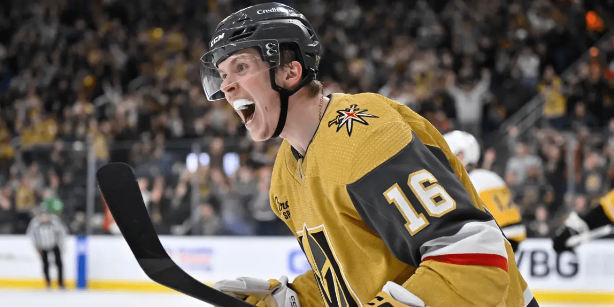 Pavel Dorofeyev celebrating a goal with the Vegas Golden Knights