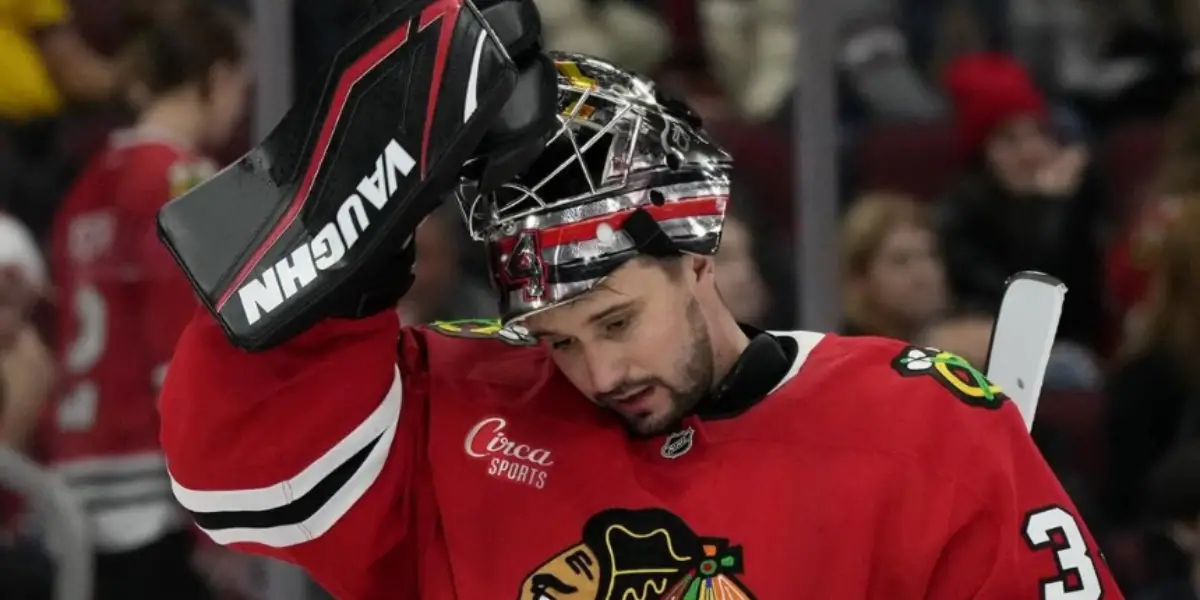 Petr Mrazek skating for the Chicago Blackhawks