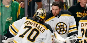 Jeremy Swayman and Joonas Korpisalo on the Boston Bruins bench